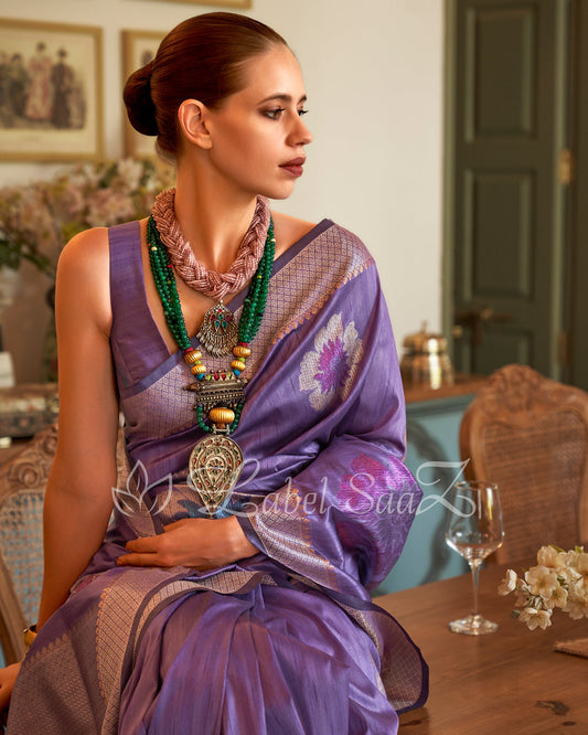 Silk Purple Zari Linen Designer Banarasi Saree - Kalki Koechlin Collection