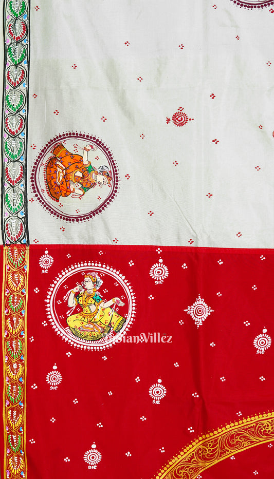 White Manabasa Laxmi Puja Theme Hand-Painted Pattachitra Saree