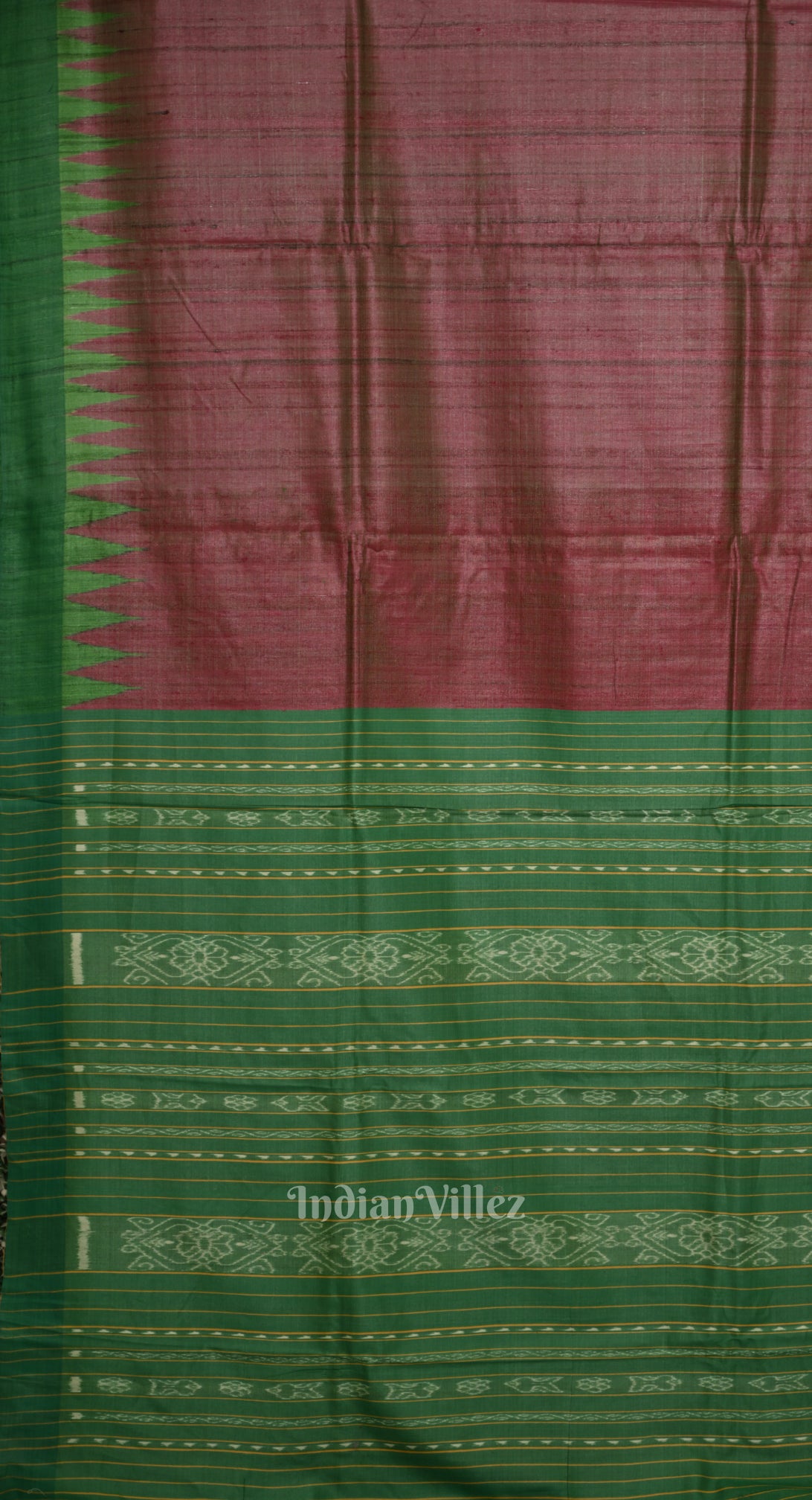 Rani Pink Tussar Silk Saree with Green Border & Anchal 