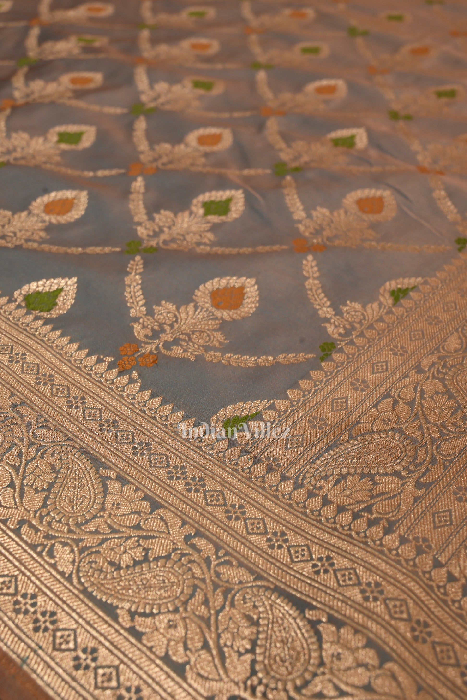 Light Blue Peach Dual Tone Meenakari Pure Mashru Satin Silk Banarasi Saree