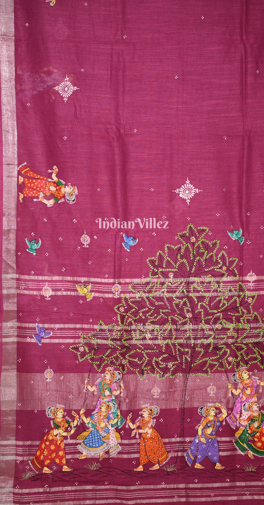 Magenta Pink Raja Doli Hand-Painted Pattachitra Saree (Linen)
