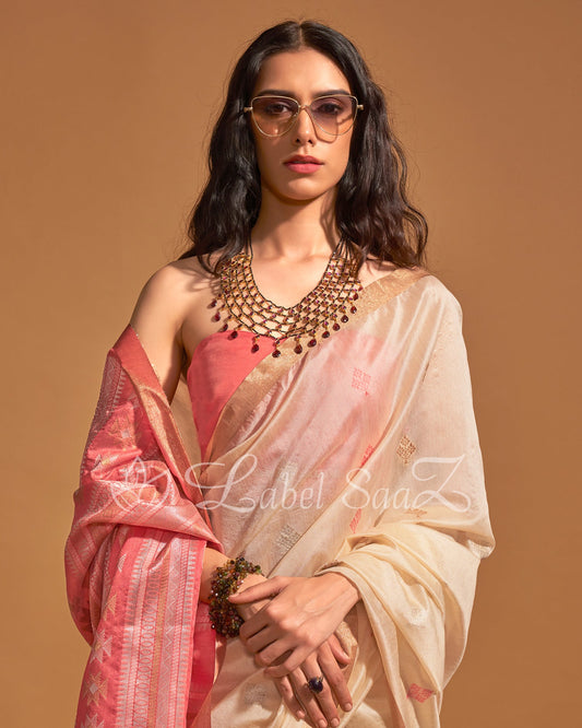 White Handwoven Tussar Banarasi Saree With Emboridery on Pallu