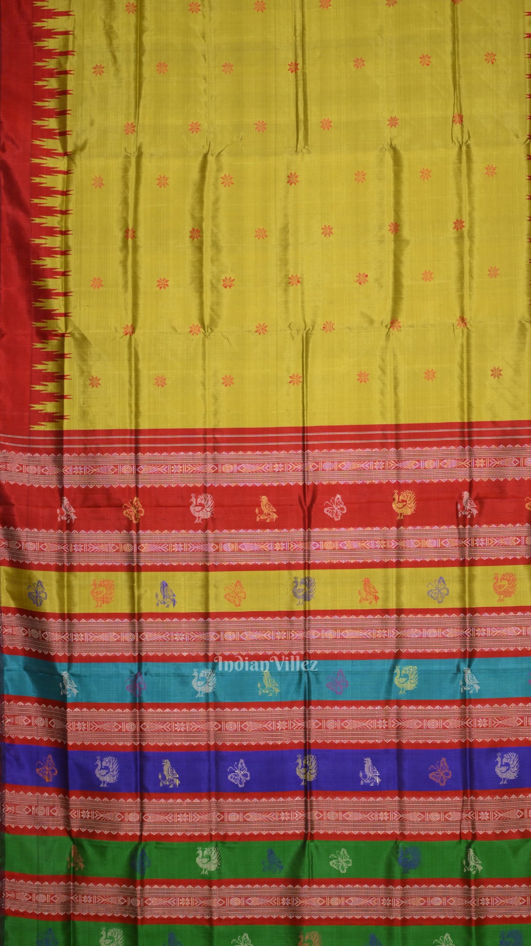 Mehendi Green & Red With Multicolor Double Pallu Berhampuri Silk Saree