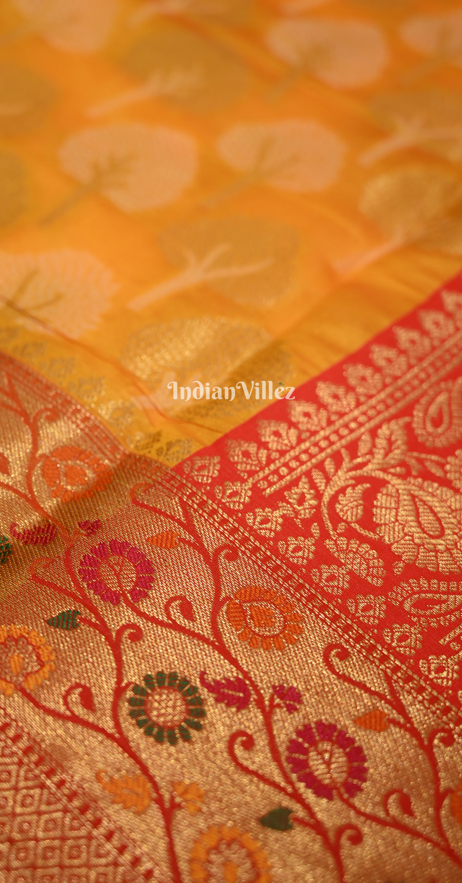Yellow Red Organza Silk Meenakari Weaving Banarasi Saree 