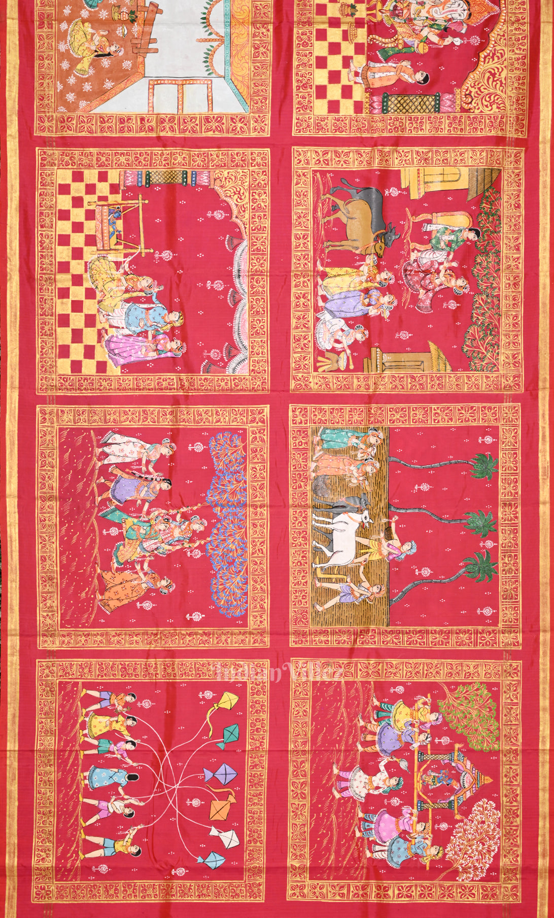 Red Yellow Hindu Festival Pure Hand-Painted  Pattachitra Saree