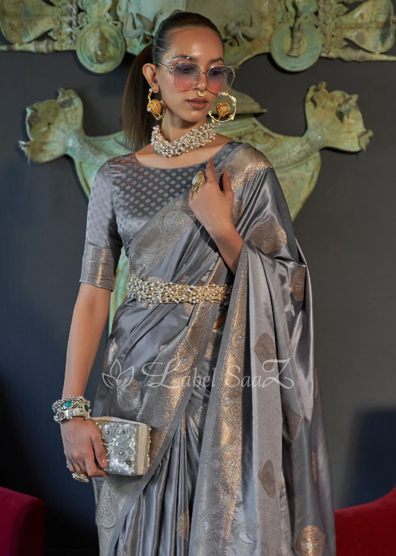 Grey Nylon Pure Handwoven Satin Silk Banarasi Saree