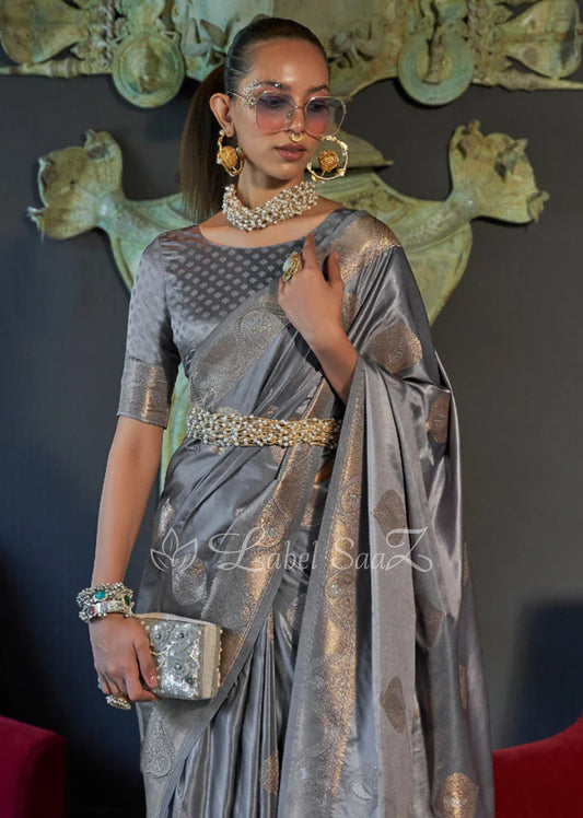 Grey Nylon Pure Handwoven Satin Silk Banarasi Saree