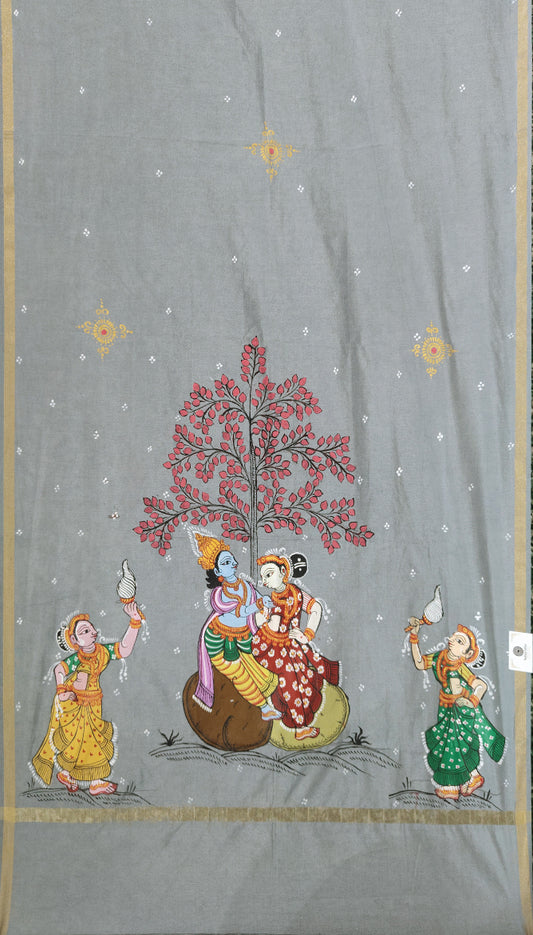 Cement Grey Radha Krishna Raas Pattachitra Chanderi Dupatta