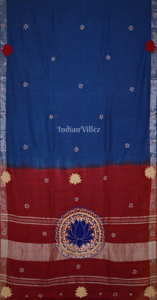 Blue Red Hand Embroidered Applique Work Saree 