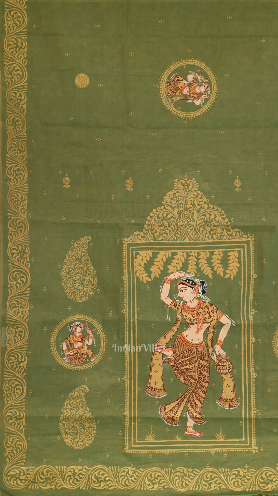 Green Shringar Ras Hand- Painted Pattachitra Saree