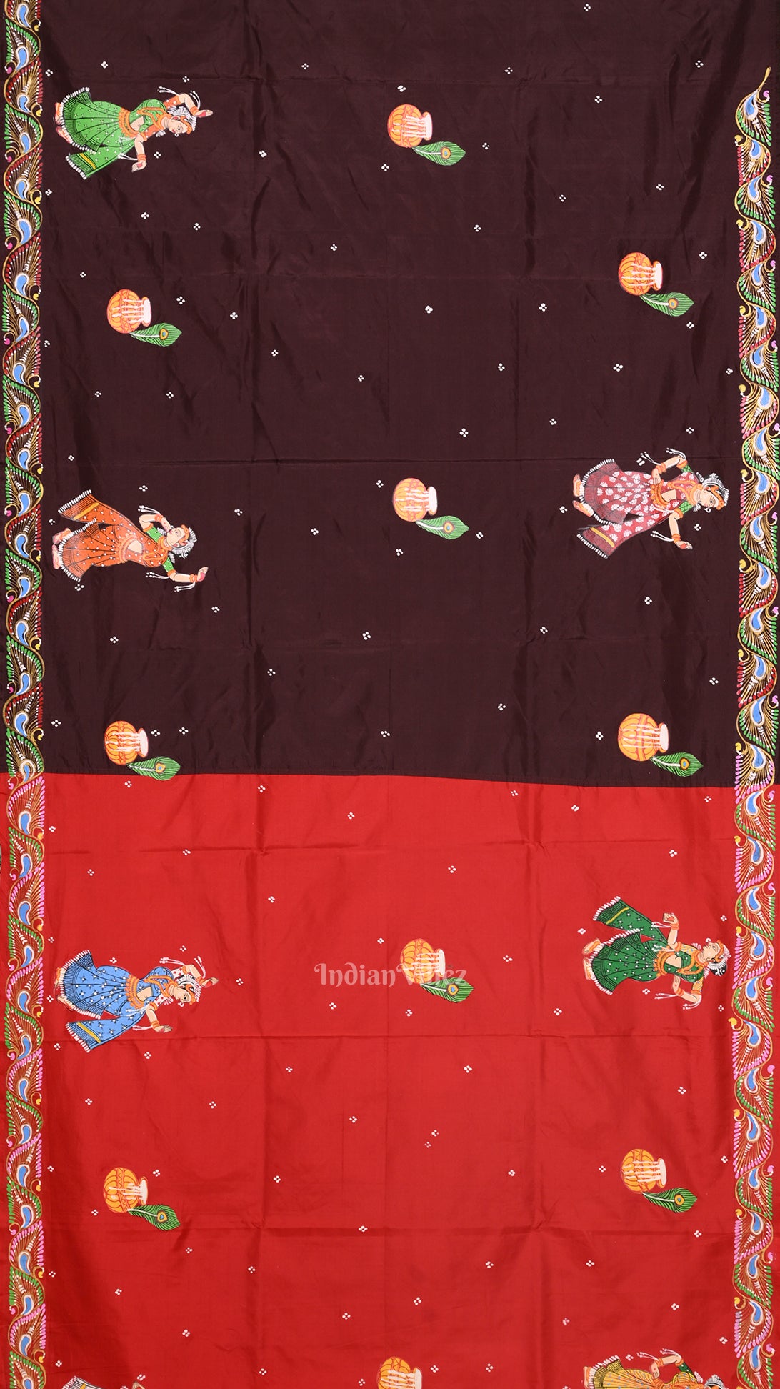 Red  with Coffee Rasaleela Theme Hand-Painted Pattachitra Saree