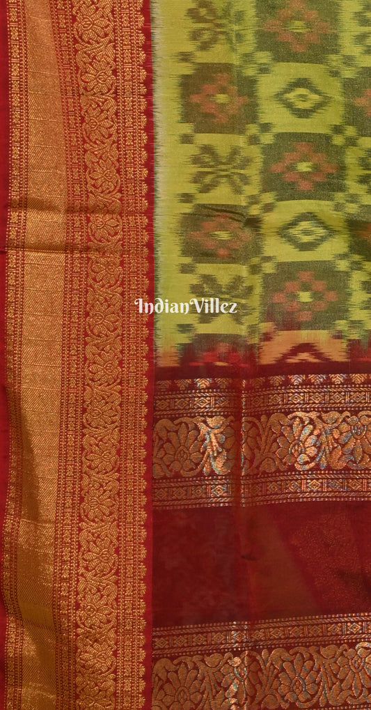 Parrot Green Maroon Pochampally Ikat Silk Cotton (Sico) Saree 