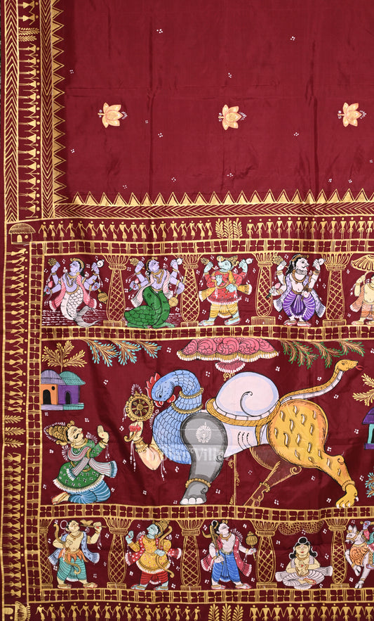 Maroon Arjuna Bows to Navagunjara Pure Hand-Painted Pattachitra Saree 