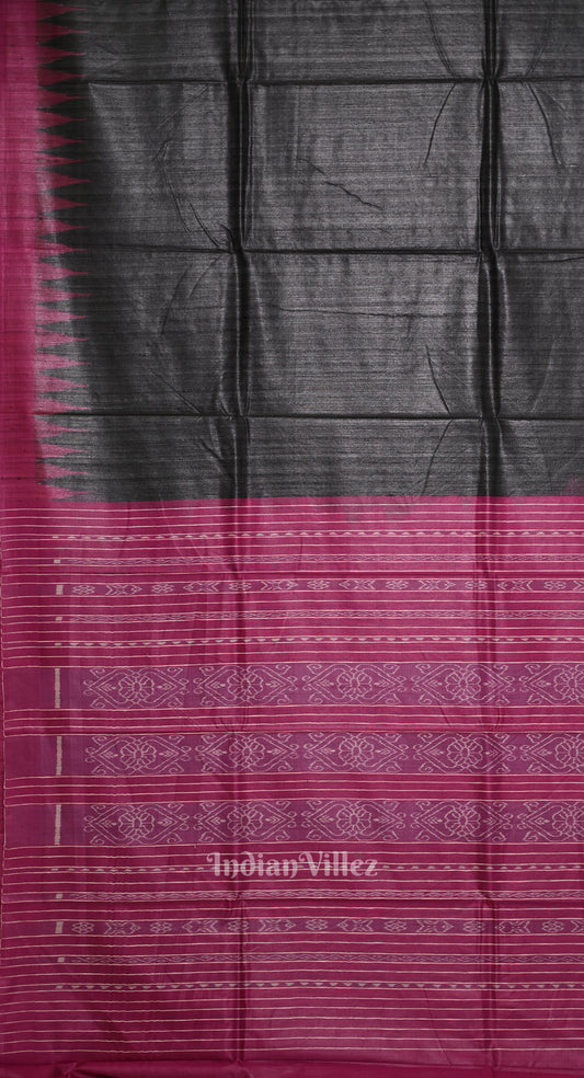 Black Tussar Silk Saree with Rani Pink Border & Anchal