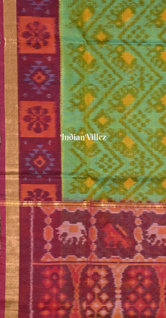 Parrot Green Red Pochampally Ikat Silk Cotton (Sico) Saree 