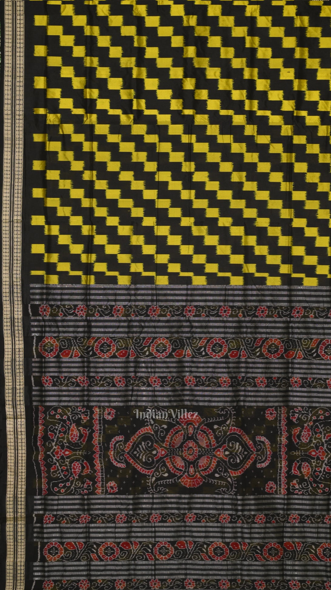 Black with Yellow Box Pattern Sambalpuri Pure Ikat Silk Saree 