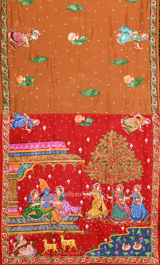 Golden Yellow  Red Krishna Raas Leela Hand- Painted Pattachitra Saree