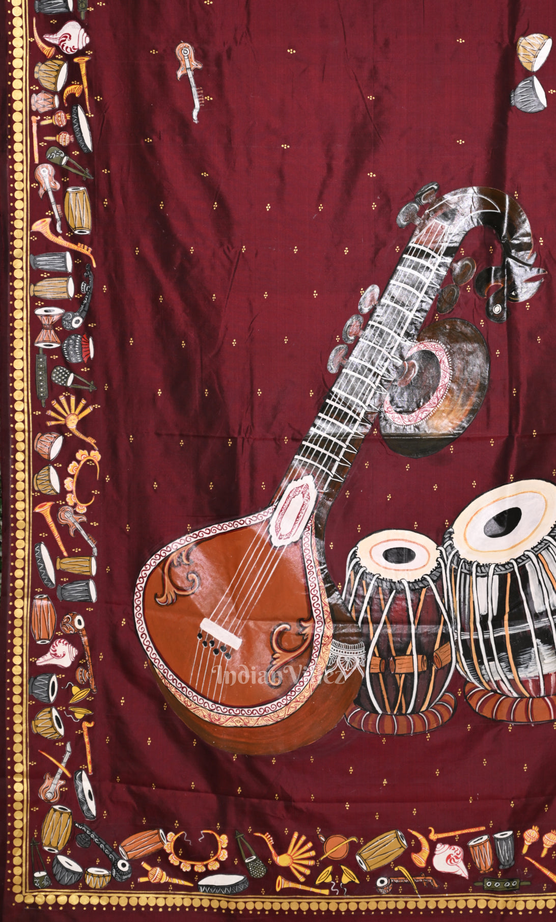 Maroon Sitar Instrument with Tabla Pattachitra Silk Saree 