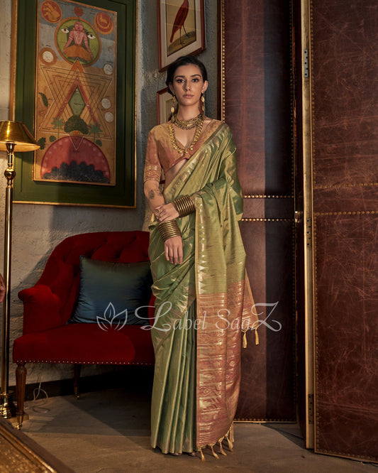 Green Tussar Silk Handloom Weaving Saree