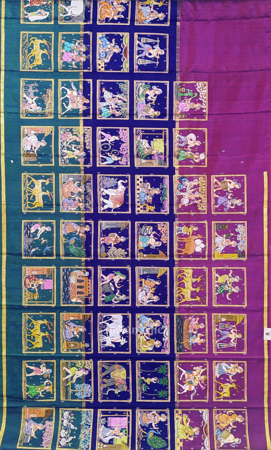 Peacock Green Blue Krishna Raas Village Theme Hand- Painted Pattachitra Saree