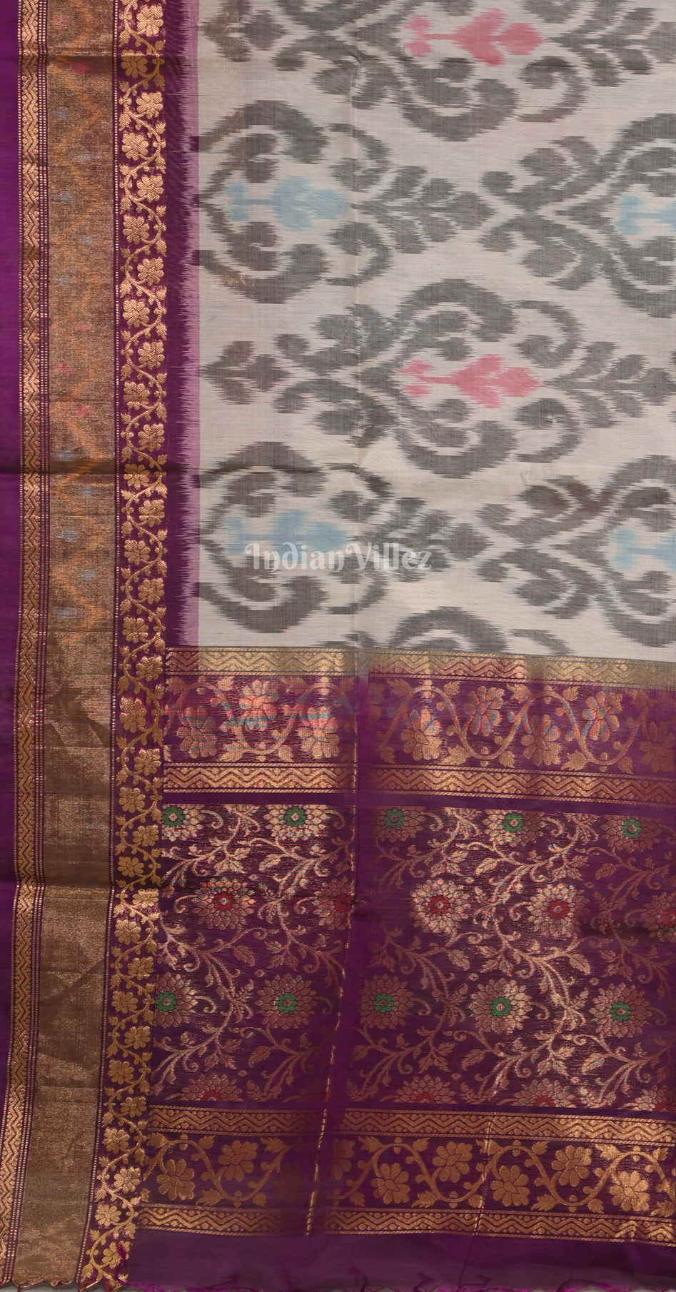 Off White Purple Pochampally Ikat Silk Cotton (Sico) Saree 