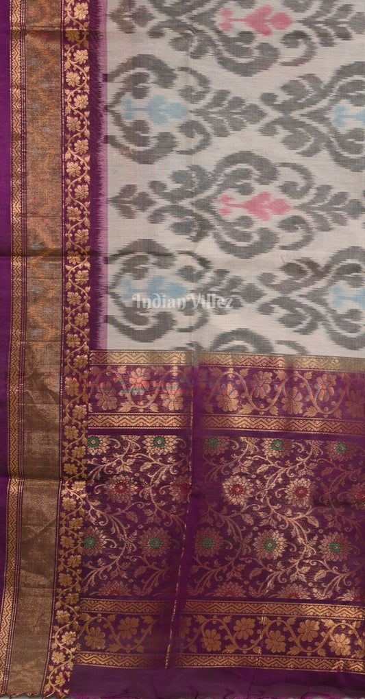Off White Purple Pochampally Ikat Silk Cotton (Sico) Saree 