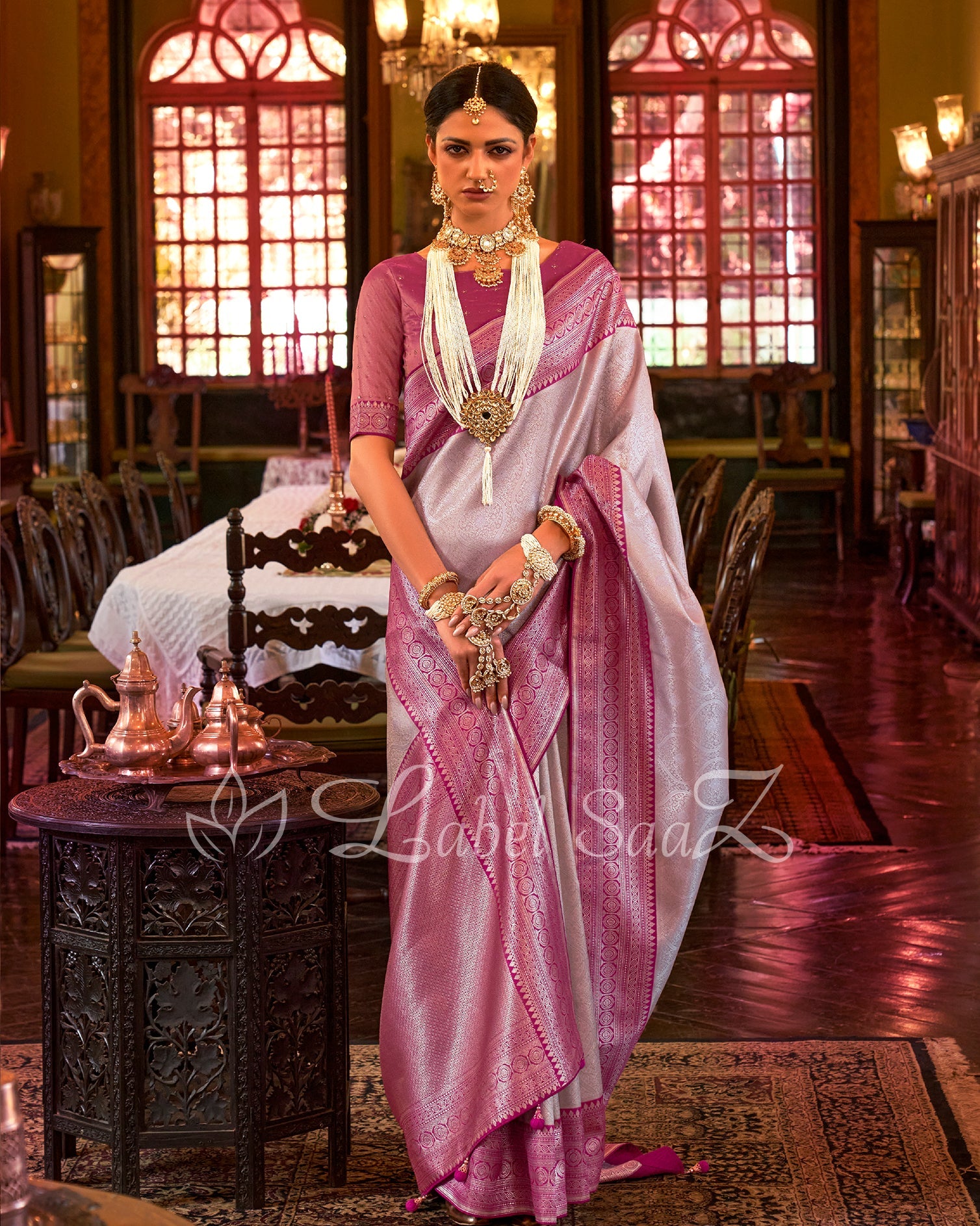 White Pink Kanjivaram Saree