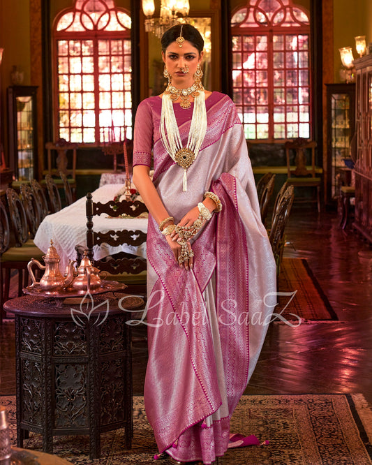 White Pink Kanjivaram Saree