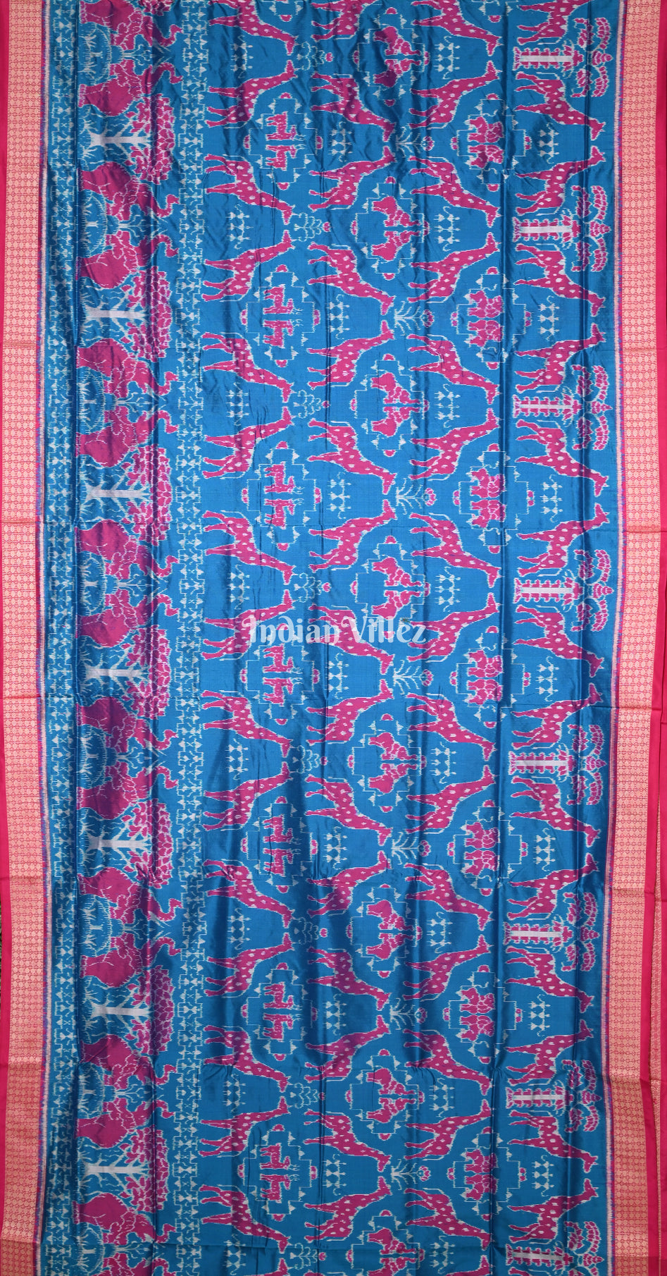 Peacock Blue Rani Pink Deer Theme Odisha Ikat Sambalpuri Silk Saree