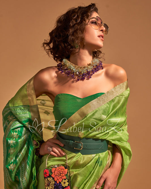 Green Handwoven Tussar Banarasi Saree With Emboridery on Pallu