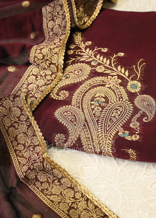Wine Banarasi Unstitched Salwar Suit 