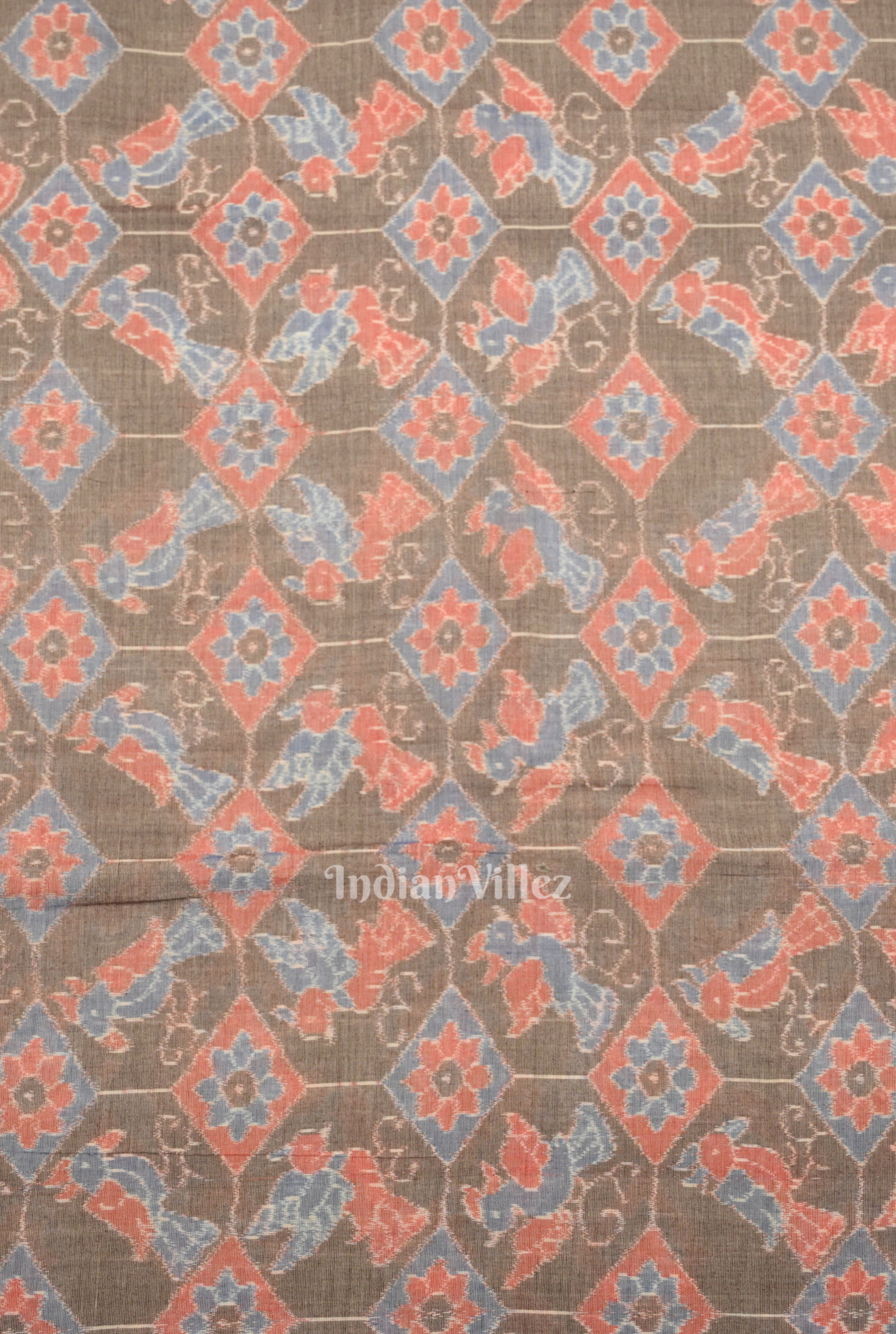 Gray Floral Bird Theme Sambalpuri Odisha Ikat Cotton Fabric