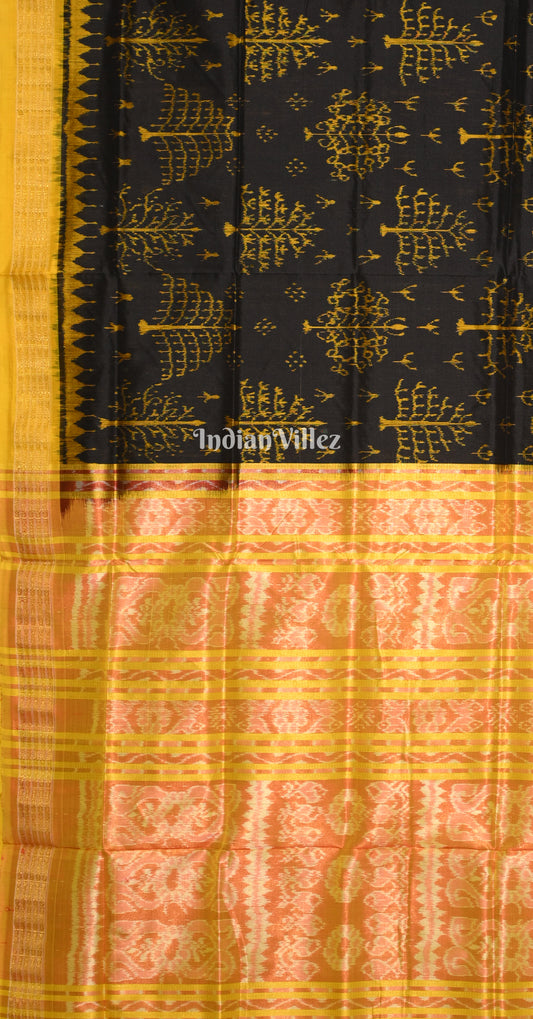 Black Yellow Tribal Tree Motif Half Tissue Odisha Ikat Sambalpuri Silk Saree