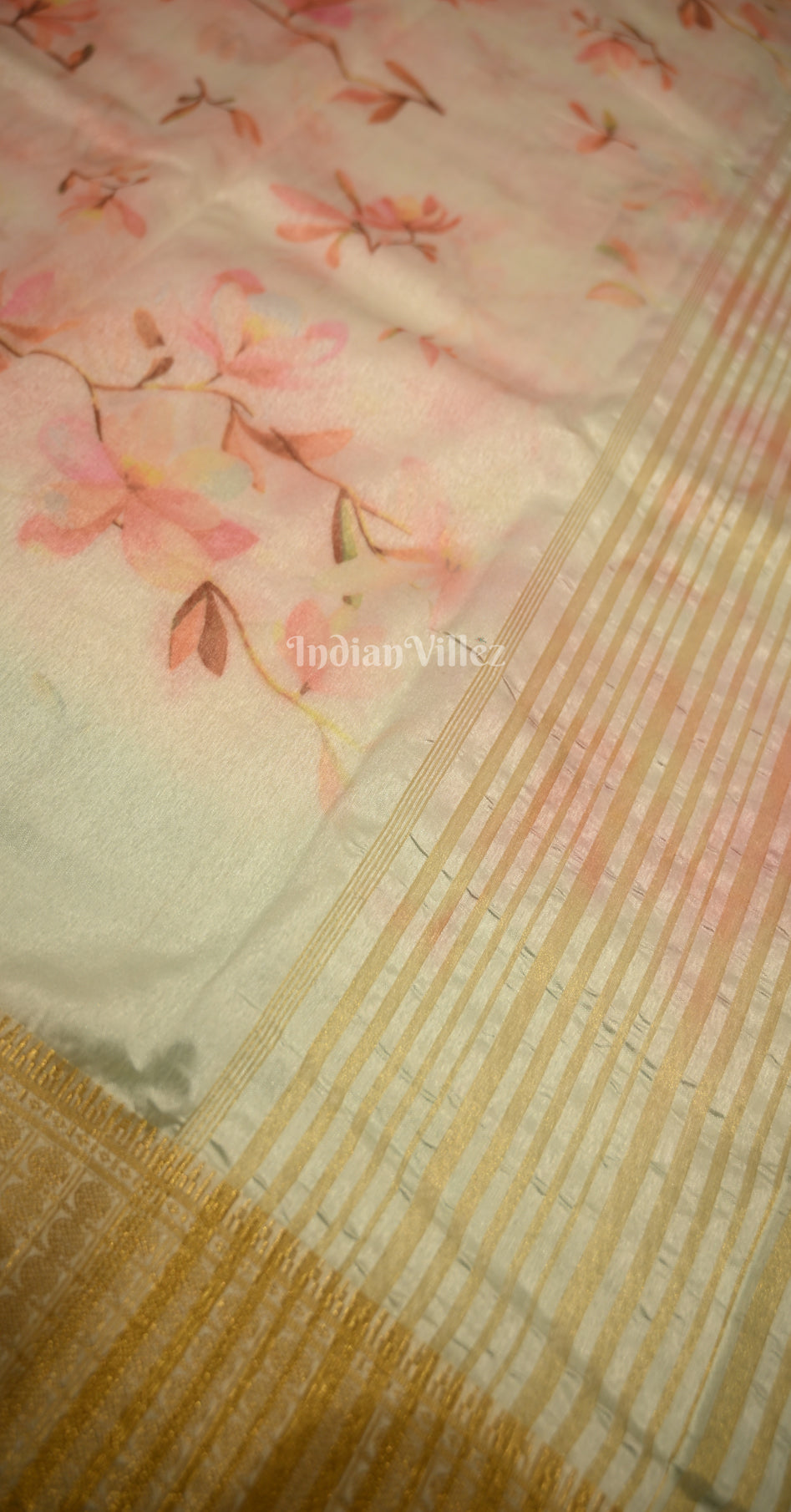 Pink Pastel Green Floral Printed Design Pure Tussar Silk Saree