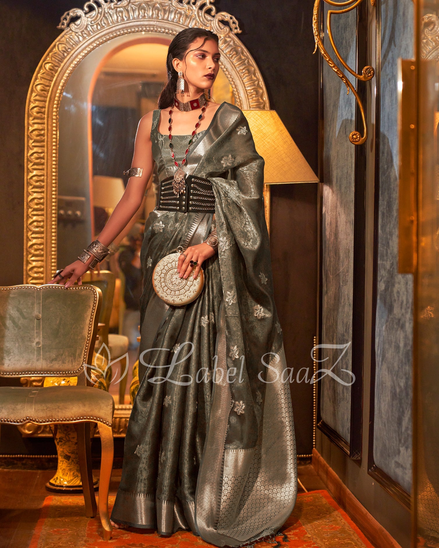 Black Two Tone Tissue Organza Weaving Organza Saree