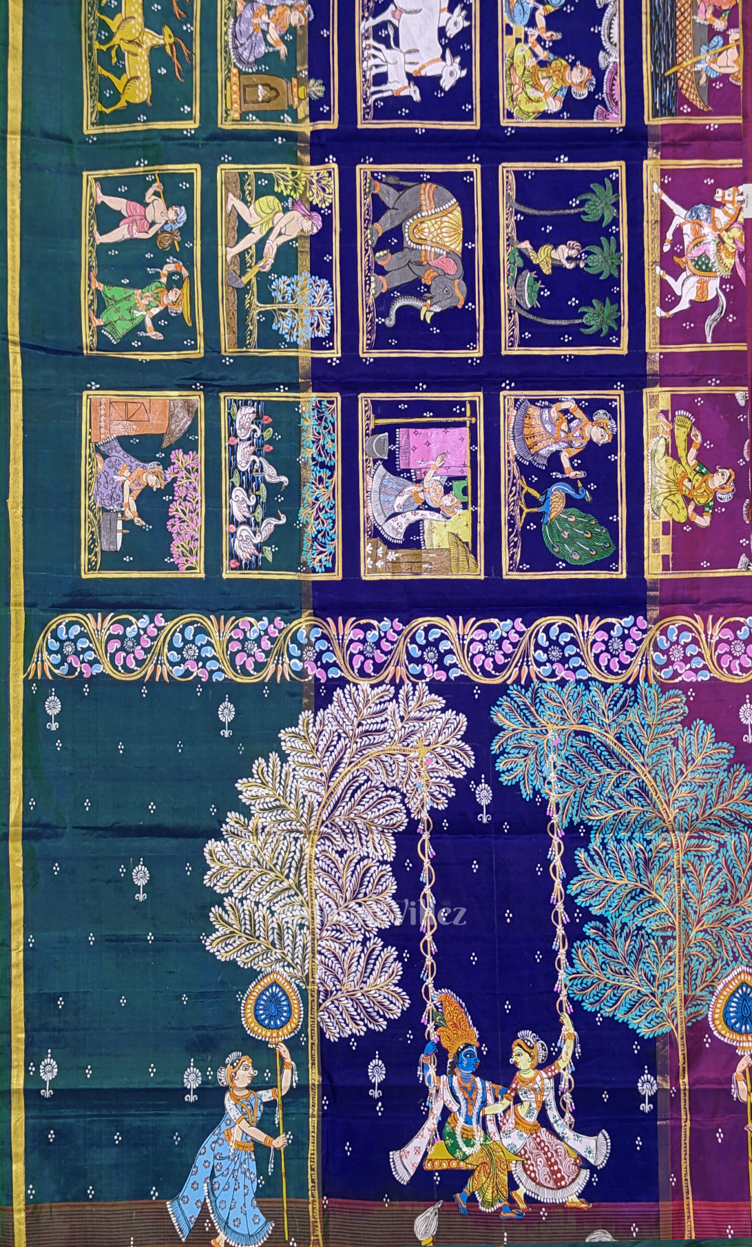 Peacock Green Blue Krishna Raas Village Theme Hand- Painted Pattachitra Saree