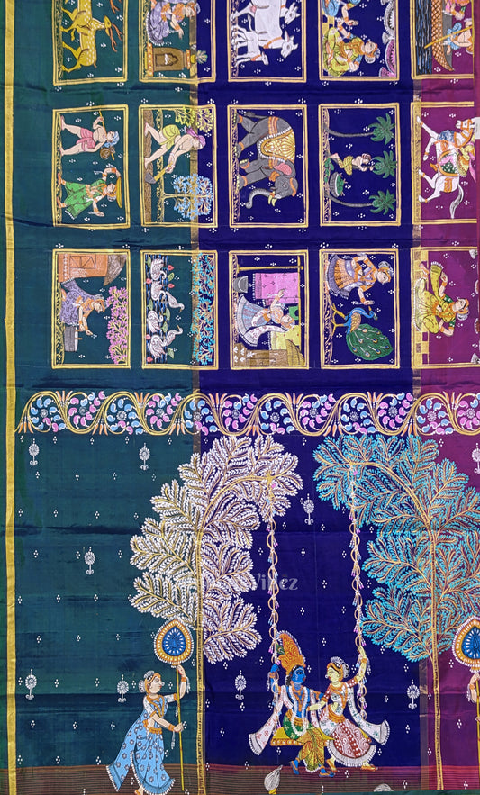 Peacock Green Blue Krishna Raas Village Theme Hand- Painted Pattachitra Saree
