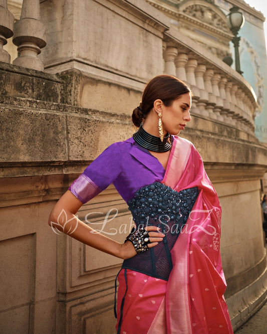  Dark Pink Purple Kanjivaram South Soft Silk Saree