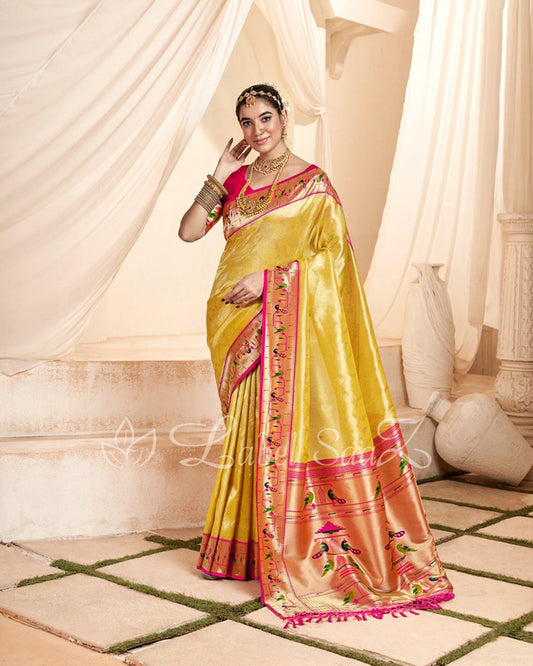 Gold Rewa Tissue Handloom Paithani Saree