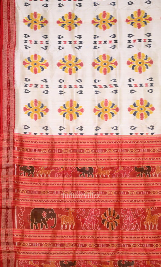 White Red  Baghambari  Odisha Ikat Khandua Silk Saree