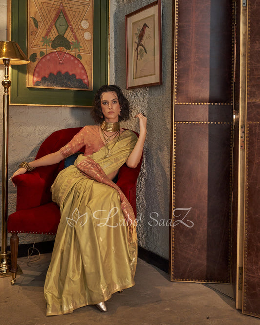 Yellow Tussar Silk Handloom Weaving Saree