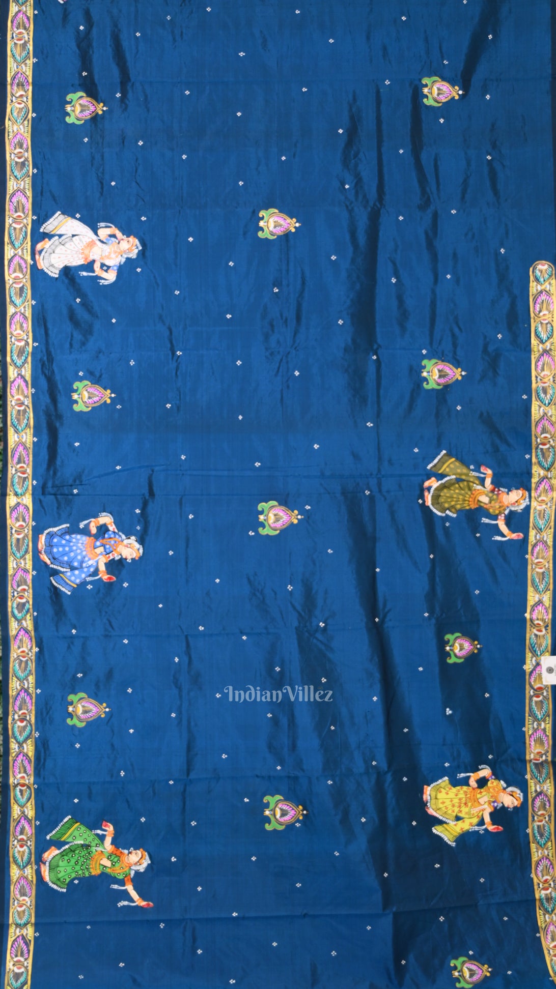 Blue Red  Radha Krishna Peacock Design and-Painted Pattachitra Saree
