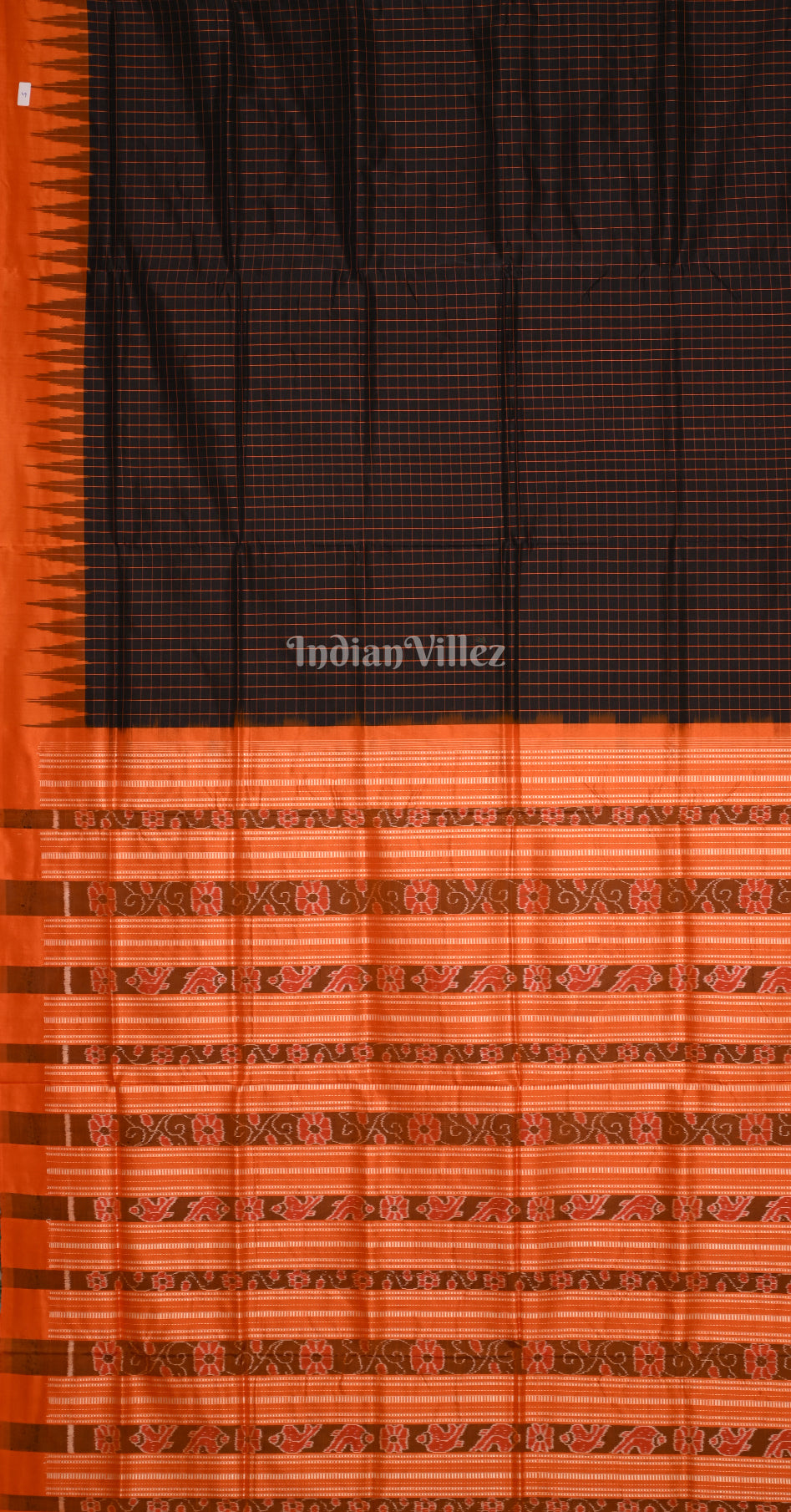 Red Orange Check Odisha Ikat Bomkai Sambalpuri Silk Saree