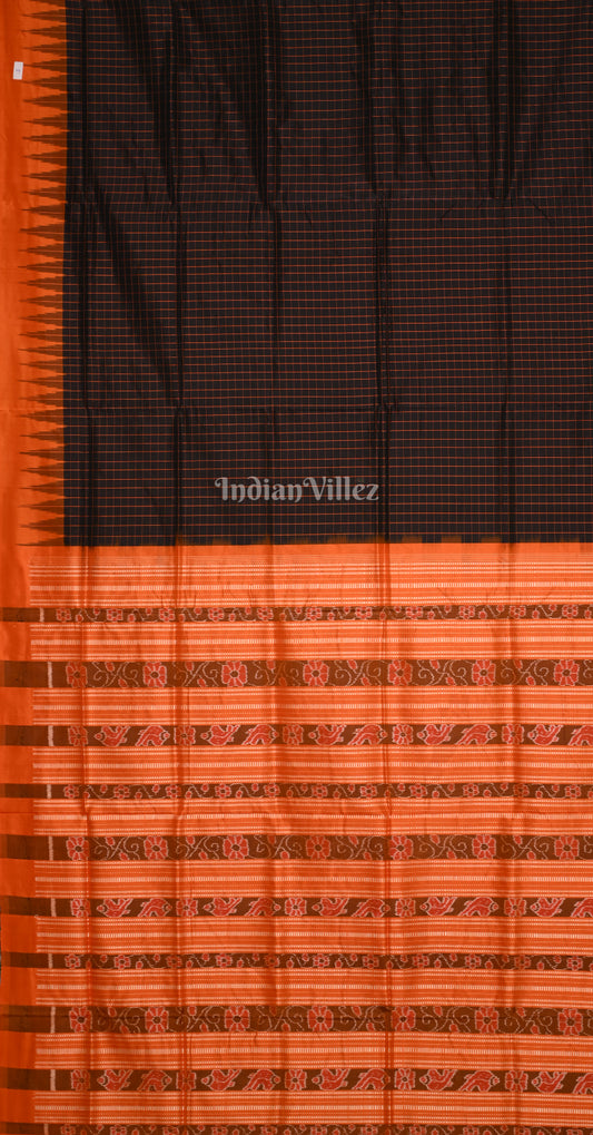 Red Orange Check Odisha Ikat Bomkai Sambalpuri Silk Saree