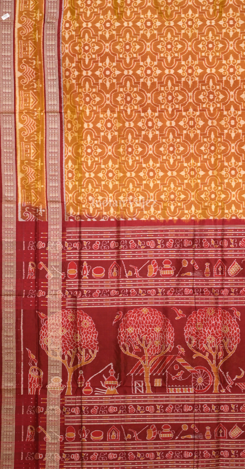 Mustard Yellow Maroon Odisha Ikat Sambalpuri Silk Saree with Tribal Anchal