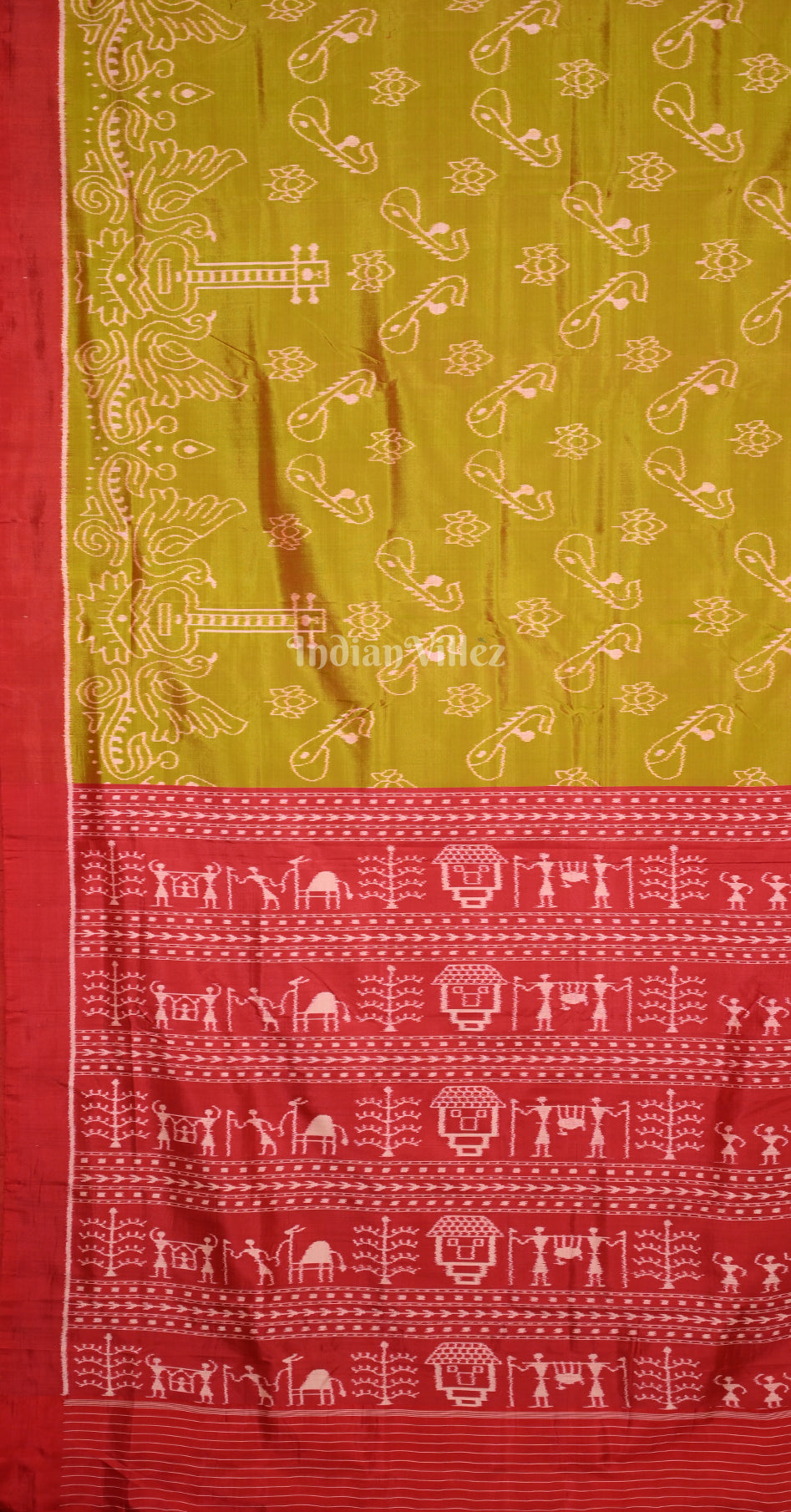 Olive Green Red Veena Motif Contemporary Designer Silk Saree