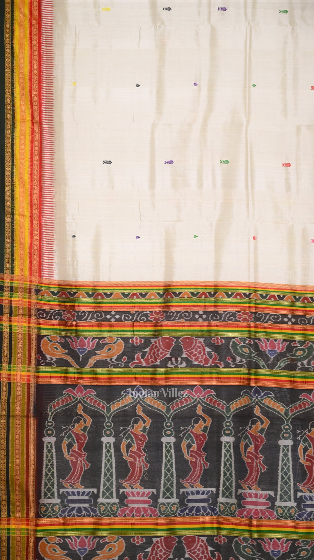 White Green Kathiphera Khandua Silk Saree with Odissi Dancer Pallu 