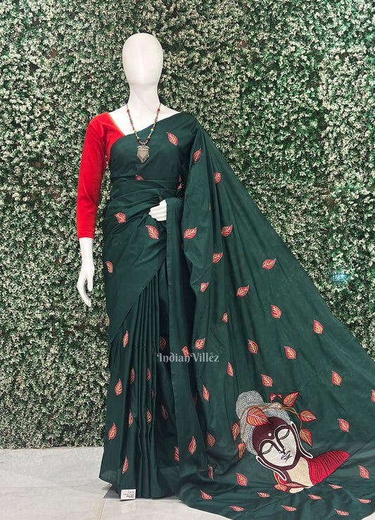 Dark Green Leaf Motif Pure Silk Embroidery Saree