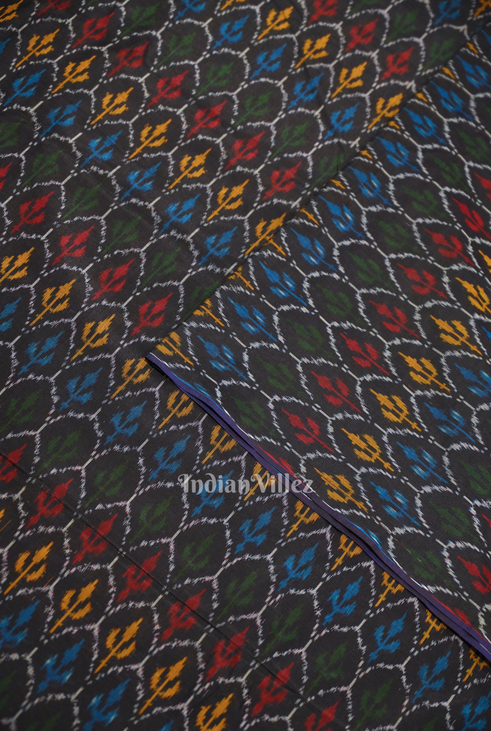 Black Tribal Motif Pochampally Ikat Silk & Cotton (Sico) Fabric