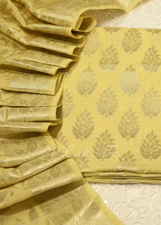Lemon Yellow Banarasi Chanderi Silk Unstitched Salwar Suit 